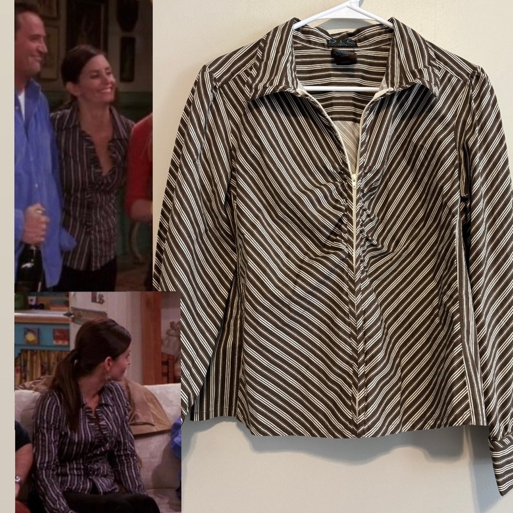 ASO Friends Monica Geller Office Stripe V Neck Collared Preppy Top - Medium